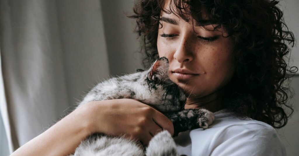 老猫をそっと抱きしめ、静かに見送る飼い主の温かい表情と柔らかな光の中のシーン