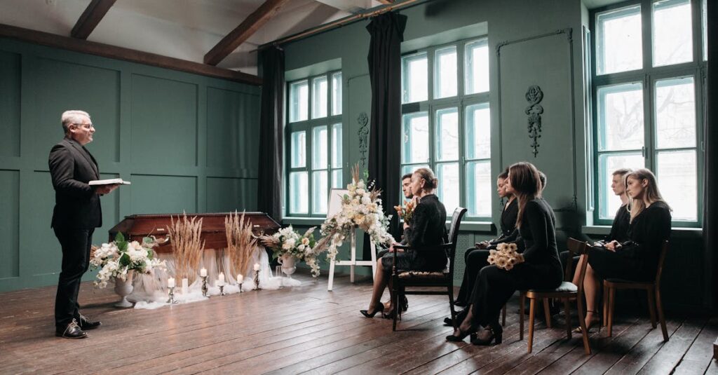 初めてペット葬儀を迎える家族が静かに見送る様子。温かく穏やかな空間。