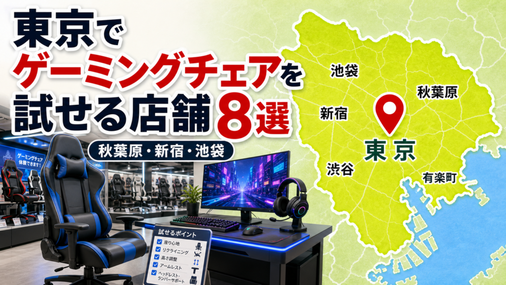 【2026年版】東京でゲーミングチェアを試せる店舗はどこ？実物確認候補8選！秋葉原・新宿・池袋も紹介 アイキャッチ