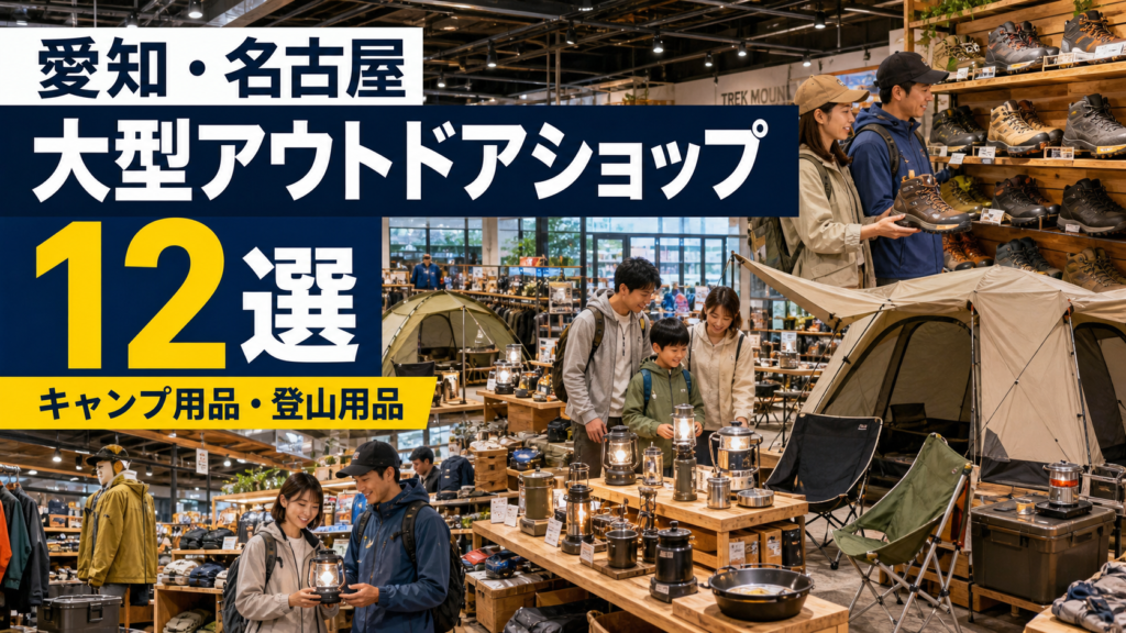 【2026年版】愛知・名古屋の大型アウトドアショップ12選!キャンプ用品・登山用品を探しやすい店舗まとめ アイキャッチ